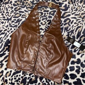 Fashion Nova Brown Leather Lace-Up Tank Top